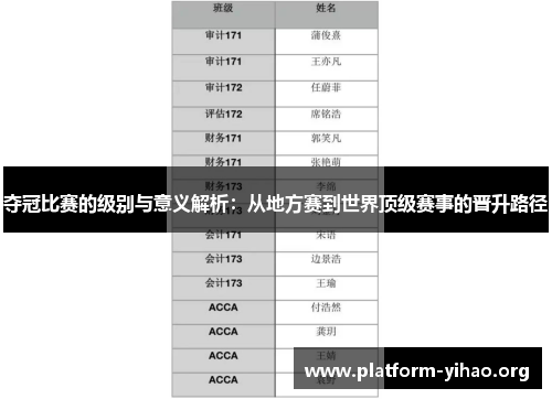夺冠比赛的级别与意义解析:从地方赛到世界顶级赛事的晋升路径 夺冠比赛的级别与意义解析:从地方赛到世界顶级赛事的晋升路径