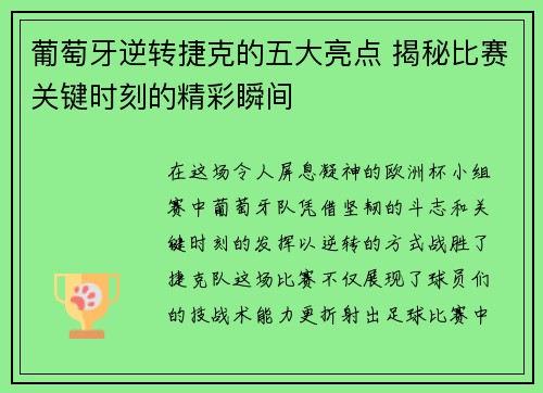 葡萄牙逆转捷克的五大亮点 揭秘比赛关键时刻的精彩瞬间 葡萄牙逆转捷克的五大亮点 揭秘比赛关键时刻的精彩瞬间